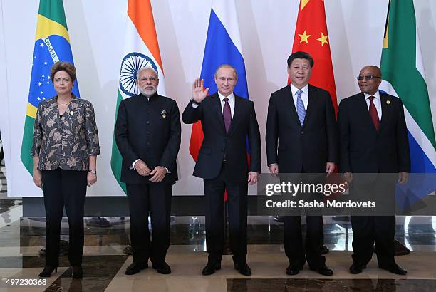 Brazil's President Dilmah Rousseff, Indian Prime Minister Narendra Modi, Russian President Vladimir Putin, Chinese President Xi Jinping, South...