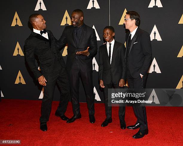 Will Smith, Idris Elba, Abraham Attah and Cary Joji Fukunaga attend the Academy of Motion Picture Arts and Sciences' 7th Annual Governors Awards at...