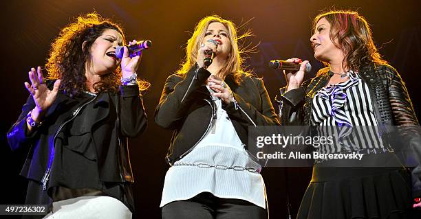 Singers Jeanette Jurado, Ann Curless and Gioia Bruno of Expose perform onstage during the 94.7 The Wave Freestyle Concert at Honda Center on November...