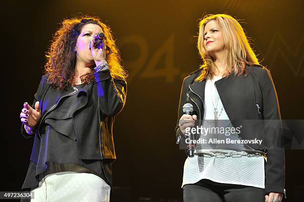 Singers Jeanette Jurado and Ann Curless of Expose perform onstage during the 94.7 The Wave Freestyle Concert at Honda Center on November 14, 2015 in...