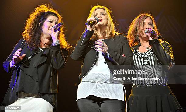 Singers Jeanette Jurado, Ann Curless and Gioia Bruno of Expose perform onstage during the 94.7 The Wave Freestyle Concert at Honda Center on November...