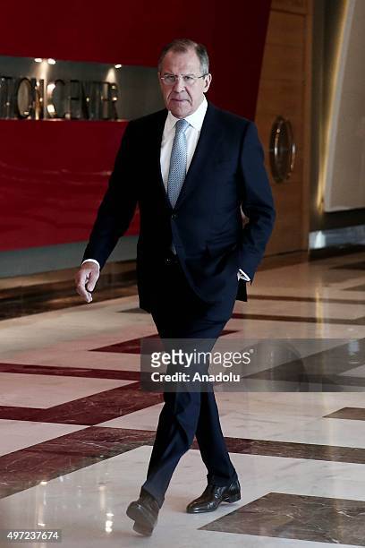 Russian Foreign Minister Sergey Lavrov arrives to the BRICS leaders meeting prior to G20 Turkey Summit on November 15, 2015 in Antalya, Turkey. The...