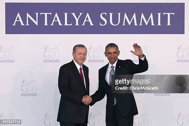 Turkish President Recep Tayyip Erdogan, geets U.S President, Barack Obama during the official welcome ceremony on day one of the G20 Turkey Leaders...