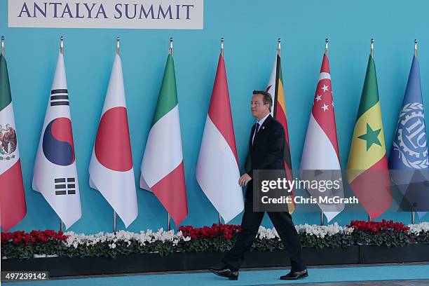 British Prime Minister, David Cameron arrives for the official welcome ceremony on day one of the G20 Turkey Leaders Summit on November 15, 2015 in...