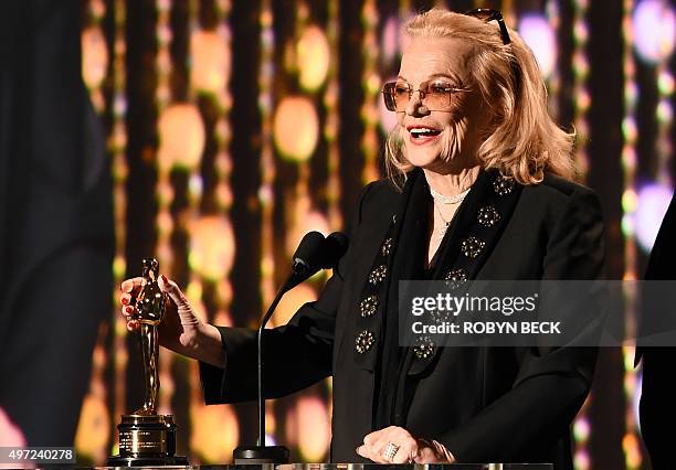 Actress Gena Rowlands accepts her honoary Oscar award during the 7th annual Governors Awards ceremony presented by the Board of Governors of the...