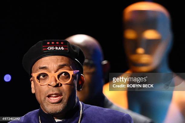 Director Spike Lee speaks on stage after being presented with an honorary Oscar award, during the 7th annual Governors Awards ceremony presented by...