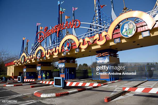 The entrance of Disneyland-Paris entertainment park is closed on November 15, 2015 in Paris, France. As France observes three days of national...