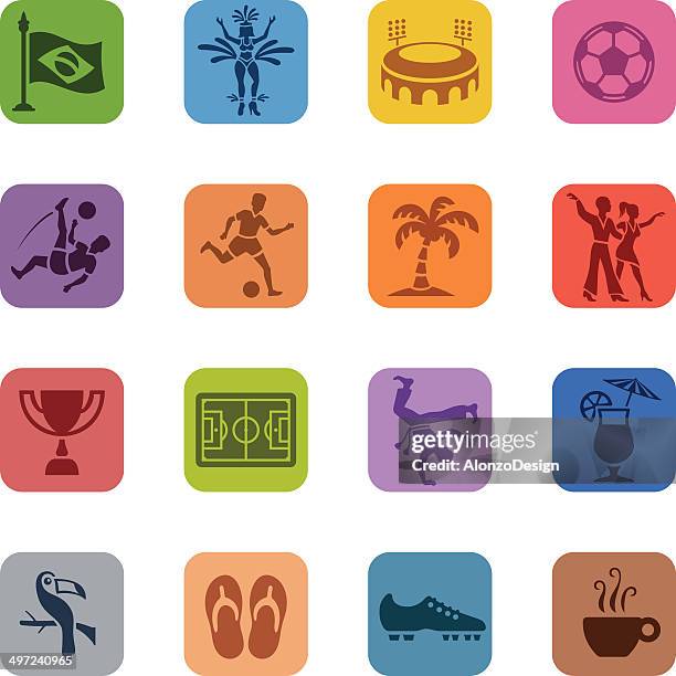 bunte brasilianische icon-set - sambatänzerin freisteller stock-grafiken, -clipart, -cartoons und -symbole