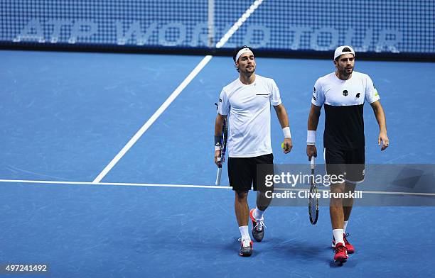 Fabio Fognini and Simone Bolelli of Italy look on in their men's doubles match against Jamie Murray of Great Britain and John Peers of Australia...