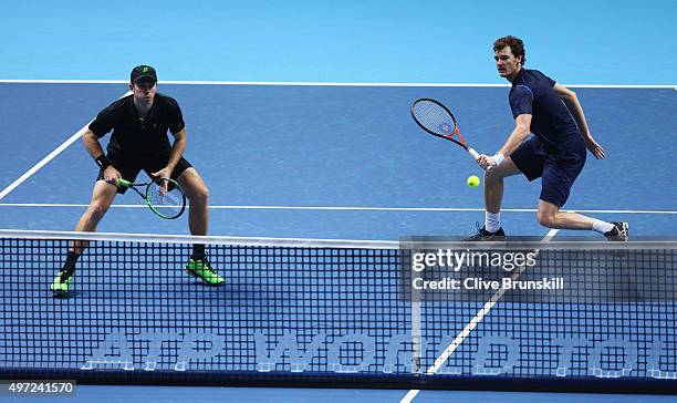Jamie Murray of Great Britain and John Peers of Australia in action in their men's doubles match against Simone Bolelli and Fabio Fognini of Italy...