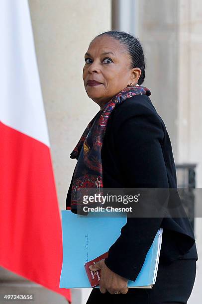 Christiane Taubira, Keeper of the Seals, Minister of Justice arrives at the Elysee Presidential Palace for a meeting on November 15, 2015 in Paris,...