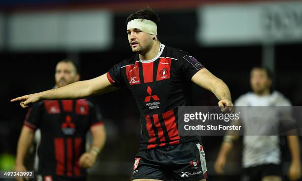 Gloucester forward Elliot Stooke reacts during the European Rugby Challenge Cup match between Gloucester and Zebra at Kingsholm Stadium on November...