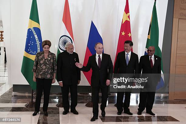 Brazilian President Dilma Rousseff, Indian Prime Minister Narendra Modi, Russian President Vladimir Putin, Chinese President Xi Jinping and South...