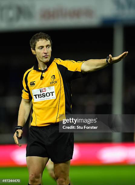 Referee Andrew Brace in action during the European Rugby Challenge Cup match between Gloucester and Zebra at Kingsholm Stadium on November 14, 2015...