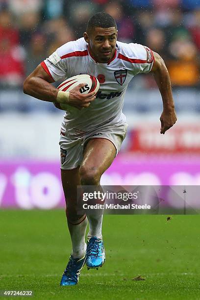 Kallum Watkins the right centre of England during the third International Rugby League Test Series match between England and New Zealand at DW...