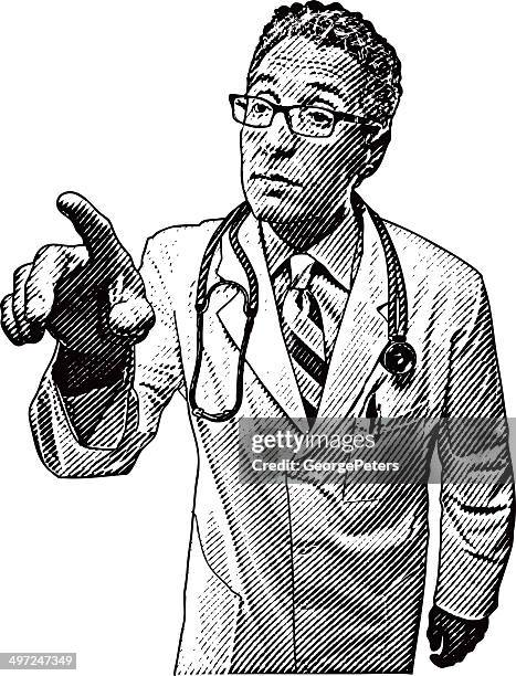 doctor pointing at touch screen - horn rimmed glasses stock illustrations stock illustrations