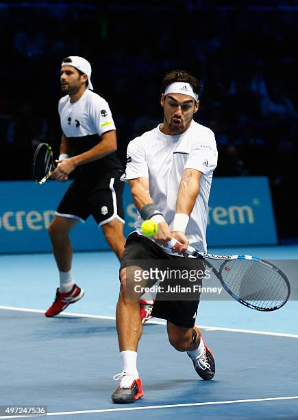 Simone Bolelli and Fabio Fognini of Italy in action in their men's doubles match against Jamie Murray of Great Britain and John Peers of Australia...