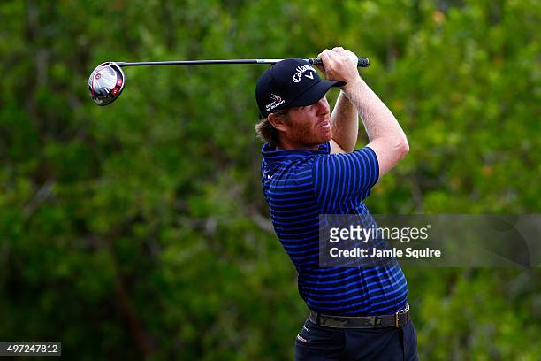 Derek Fathauer of the United States hits his first shot on the 2nd hole during the final round of the OHL Classic at the Mayakoba El Camaleon Golf...