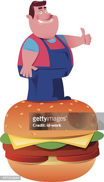 illustrazioni stock, clip art, cartoni animati e icone di tendenza di ragazzo grasso e hamburger di manzo - funny burger vector