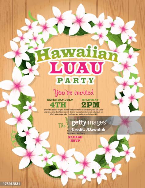 illustrations, cliparts, dessins animés et icônes de hawaiian luau invitation modèle de conception de lei de fleurs et fond en bois - hawaiian lei