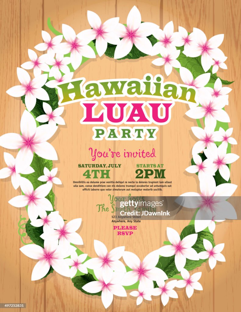 Hawaiian Luau Invitation Design Template Lei Flowers And Wood Background  High-Res Vector Graphic - Getty Images