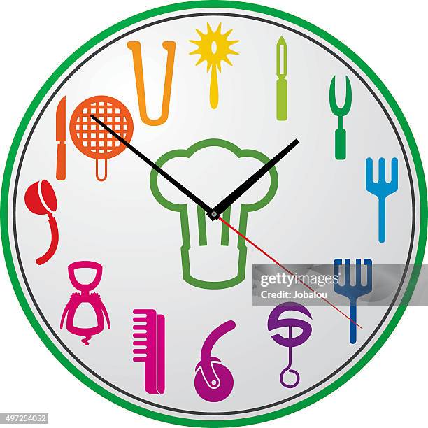 ilustraciones, imágenes clip art, dibujos animados e iconos de stock de reloj con utensilios de cocina - cuchara-de-helado