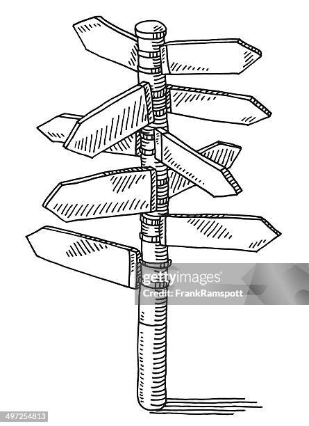ilustraciones, imágenes clip art, dibujos animados e iconos de stock de poste indicador de dirección dibujo flechas - señal de dirección