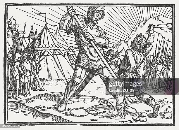 stockillustraties, clipart, cartoons en iconen met david and goliath, wood engraving, by hans holbein, published 1881 - david goliath