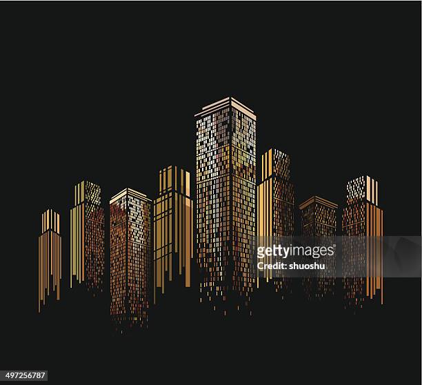 ilustraciones, imágenes clip art, dibujos animados e iconos de stock de abstracto colorido moderno edificio patrón con fondo negro - city buildings