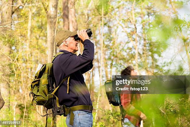 seniors: active senior couple outdoors hiking in forest. nature. - bird watching stock pictures, royalty-free photos & images