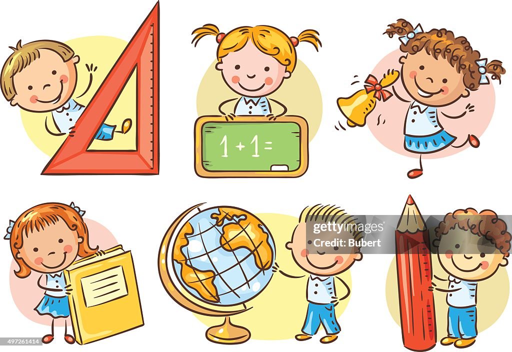 Conjunto De Escuela Para Niños De Dibujos Animados Diferentes Objetos De La  Escuela Ilustración de stock - Getty Images
