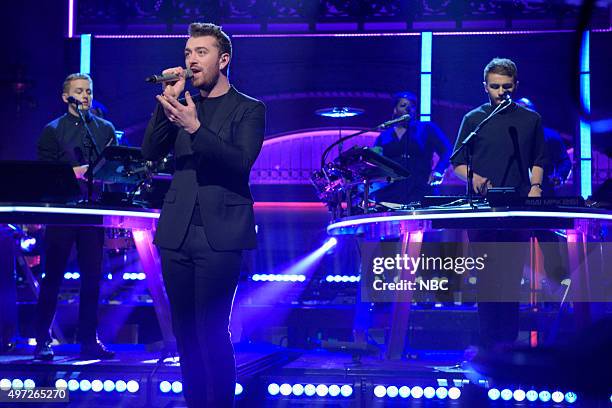 Elizabeth Banks" Episode 1688 -- Pictured: Musical guest Disclosure performs with Sam Smith on November 14, 2015 --