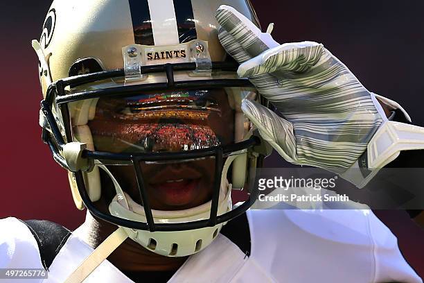 Wide receiver Marques Colston of the New Orleans Saints looks on before playing the Washington Redskins at FedExField on November 15, 2015 in...