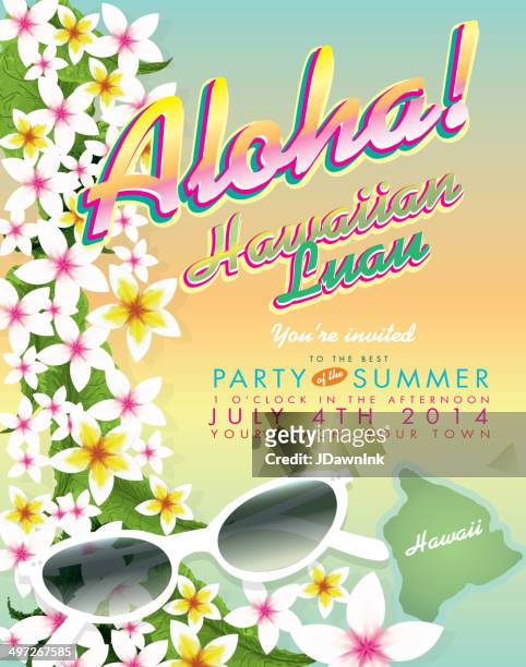 aloha hawaiian luau invitation design template with flowers and sunglasses - aloha stock illustrations