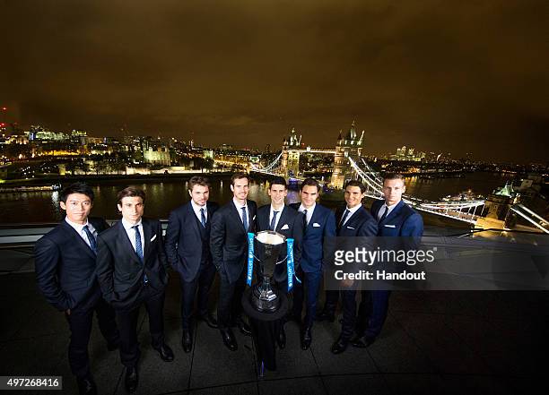 In this handout image provided by The Times for ATP, the ATP World Tour finalists standing in order of ranking for the event, 1. Novak Djokovic, 2....