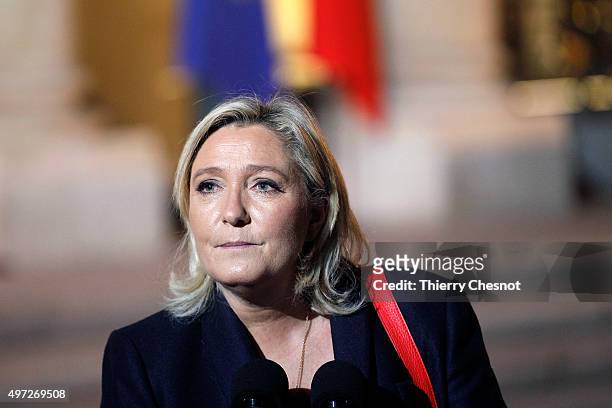 French leader of the French Far-right party Front National Marine Le Pen arrives at the Elysee Presidential Palace for a meeting with French...