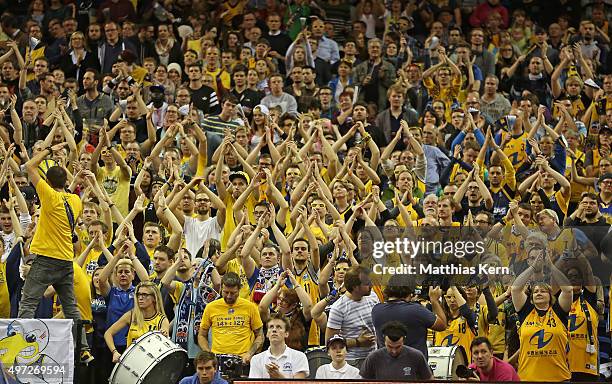 Supporters of Berlin celebrate their team during the BBL Basketball Bundesliga match between Alba Berlin and FC Bayern Muenchen at Mercedes-Benz...