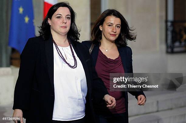 French Co-President of the EELV Ecologist party group at the French National Assembly and former minister Cecile Duflot flanked by French National...