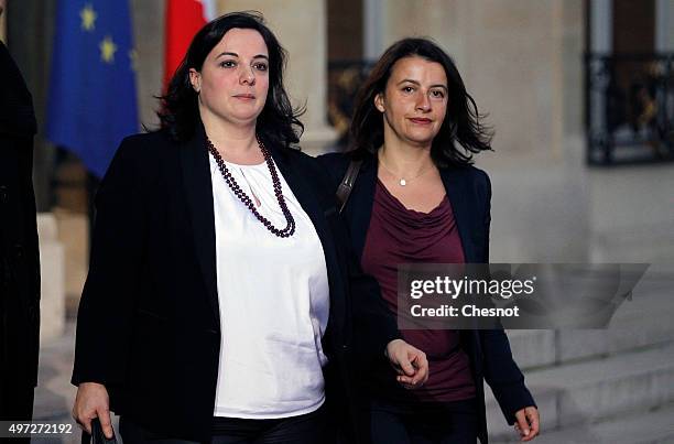 French Co-President of the EELV Ecologist party group at the French National Assembly and former minister Cecile Duflot flanked by French National...