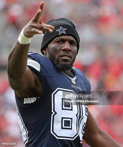 Dez Bryant of the Dallas Cowboys looks on during a game against the Tampa Bay Buccaneers at Raymond James Stadium on November 15, 2015 in Tampa,...