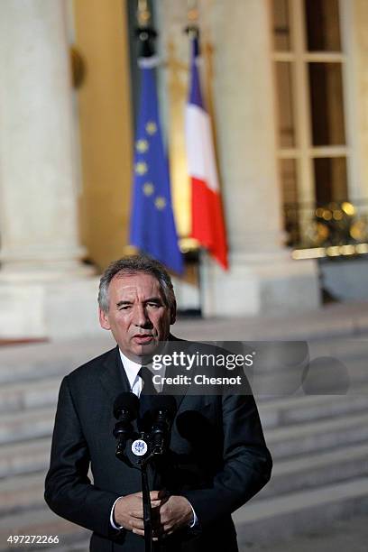 Leader of the Democratic Movement and Mayor of Pau Francois Bayrou delivers a speech after a meeting with the French President and the Prime Minister...