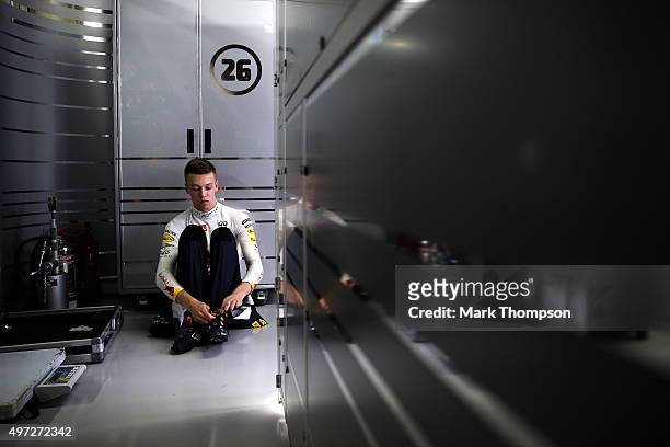 Daniil Kvyat of Russia and Infiniti Red Bull Racing prepaduring the Formula One Grand Prix of Brazil at Autodromo Jose Carlos Pace on November 15,...