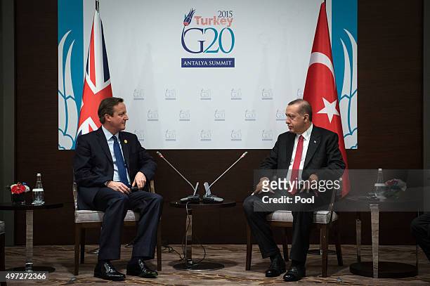 British Prime Minister David Cameron holds a meeting with Turkish President and G20 host Recep Tayyip Erdogan on day one of the G20 Turkey Leaders...