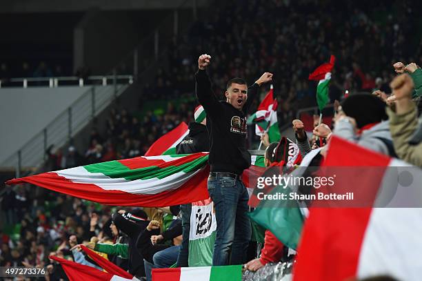 Hungary fans fans cheer on their team during the UEFA EURO 2016 Qualifier Play-Off, second leg match between Hungary and Norway at Groupama Arena on...