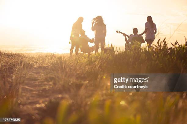 sunset beach-party mit einer gruppe von freunden - mann lässig gras sitzen stock-fotos und bilder