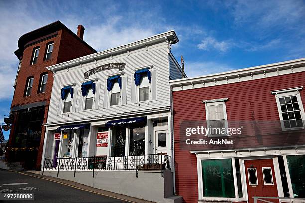 historic buildings on wharf street in boothbay harbor, maine - boothbay harbor stock pictures, royalty-free photos & images