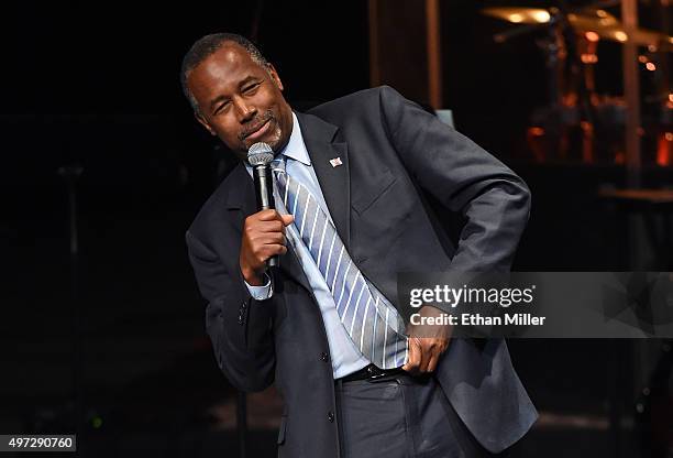 Republican presidential candidate Ben Carson describes how he tried to stab someone when he was a youth as he speaks at the International Church of...