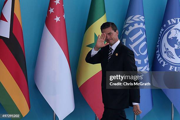 Mexican President Enrique Pena Nieto arrives during the official welcome ceremony on day one of the G20 Turkey Leaders Summit on November 15, 2015 in...