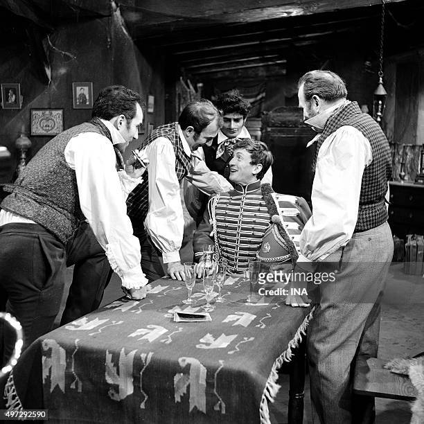 Charles Denner, Claude Rich, Jean Pierre Marielle and Michel Piccoli in a scene of the theater play written by Gogol in 1835 and adapted to the...
