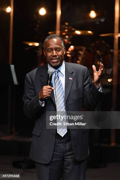 Republican presidential candidate Ben Carson speaks at the International Church of Las Vegas on November 15, 2015 in Las Vegas, Nevada. Carson is...